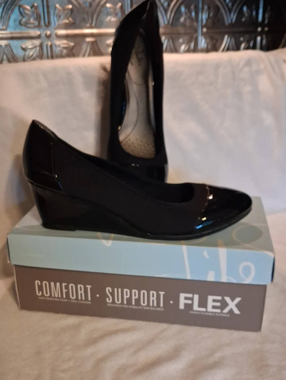 Life Stride Black Patent Wedge Pumps with Glossy Finish Size 11